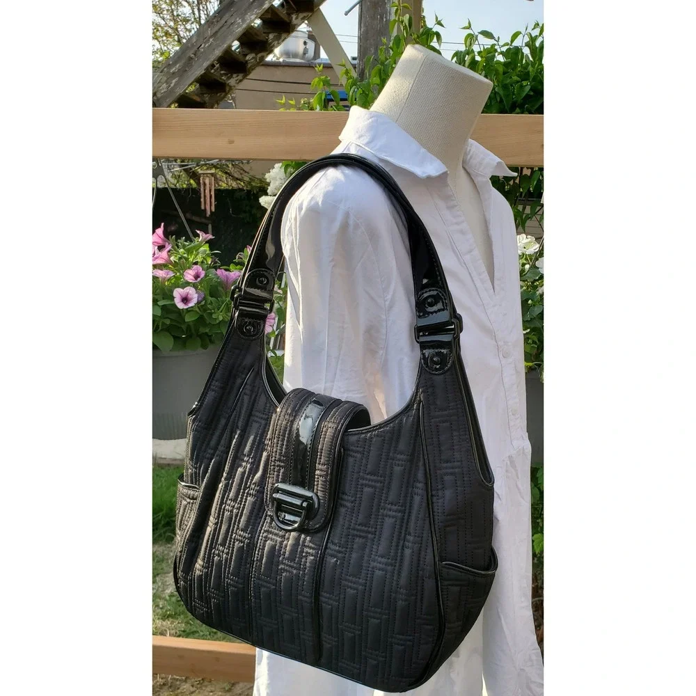 Vera Bradley Black Quilted Shoulder Bag Tote Purse With Patent Accents